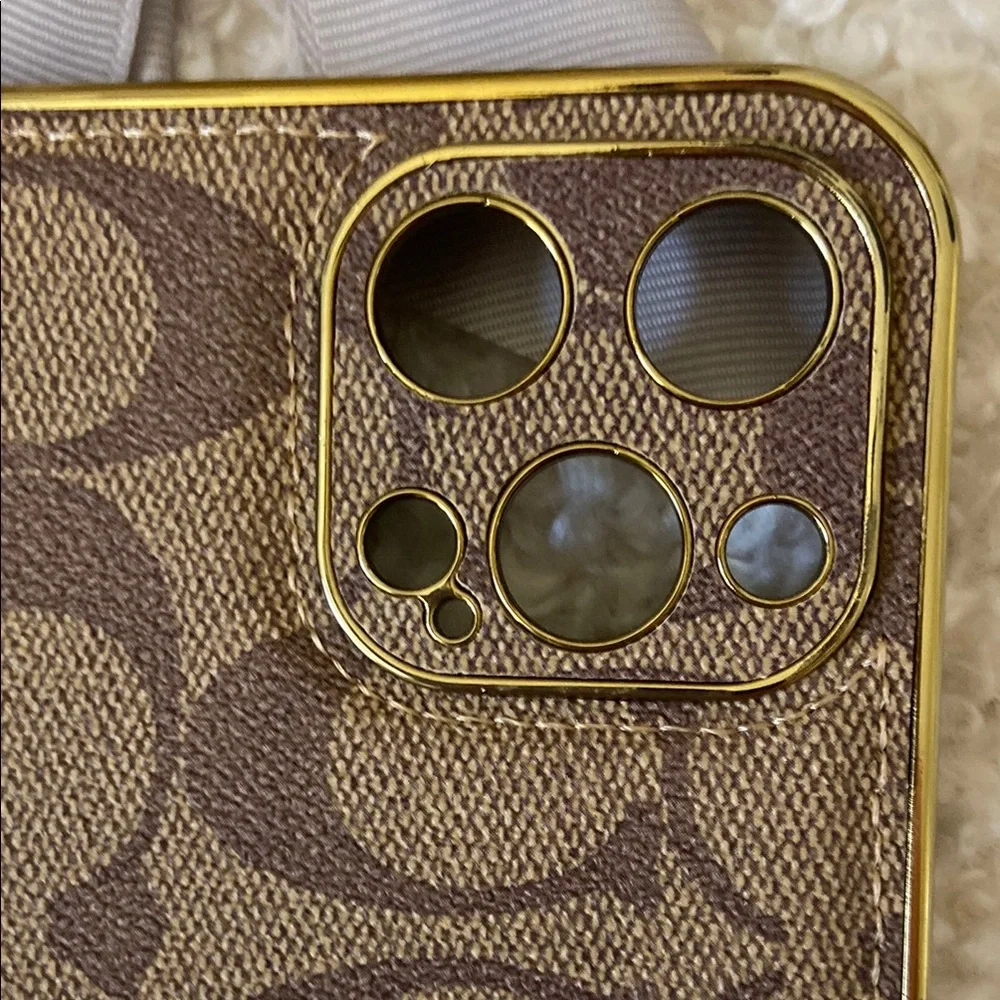 Coach Brown Signature Canvas iPhone 16 ProMax Case with Gold Plate